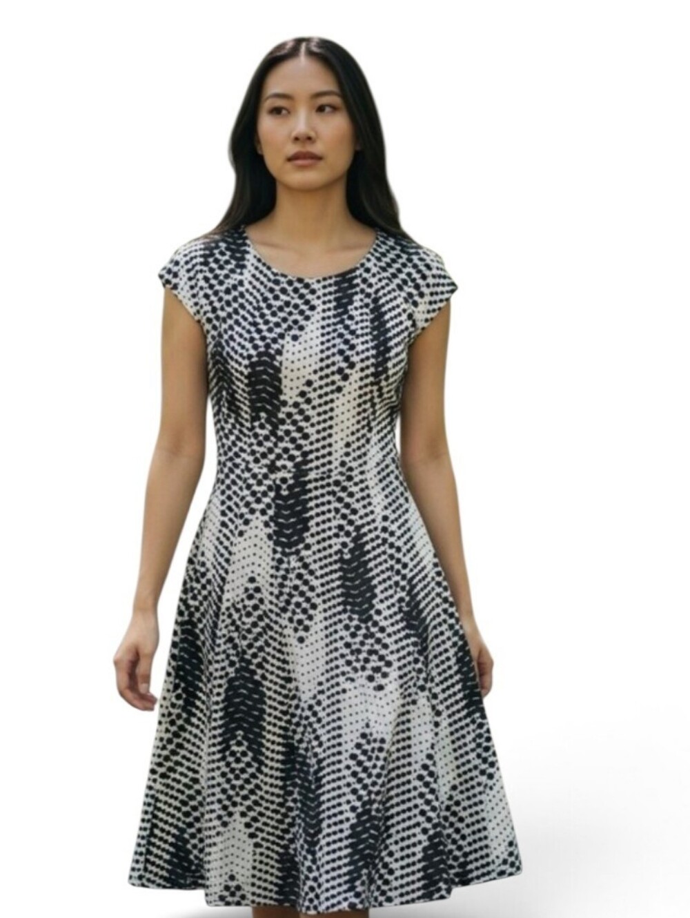Ronni Nicole Fit & Flare Midi Dress Women's 10 Black White Polka Dot Cap Sleeve